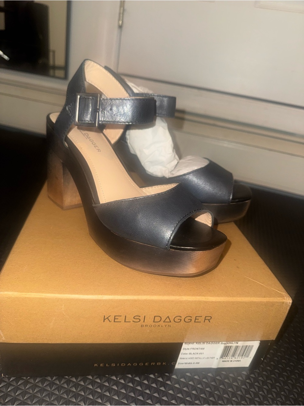 Kelsi Dagger Black Leather Platform Sandal with Bronze-Toned Block Heel